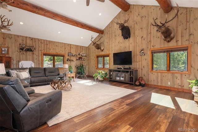 living room with beam ceiling, dark hardwood / wood-style flooring, high vaulted ceiling, and ceiling fan