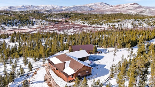 snowy aerial view with a mountain view