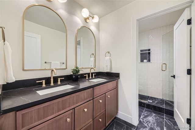 bathroom featuring vanity and a shower with shower door