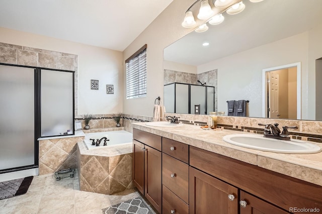 15056 Fillmore Way, Thornton, CO 80602 - bathroom featuring a shower stall, double vanity, a garden tub, and tile patterned floors