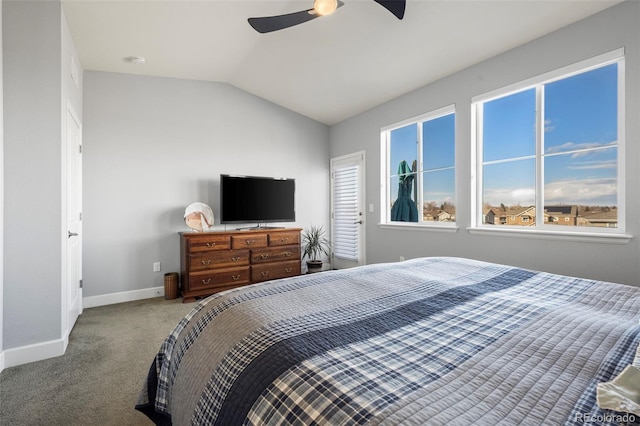 bedroom featuring carpet, vaulted ceiling, and ceiling fan