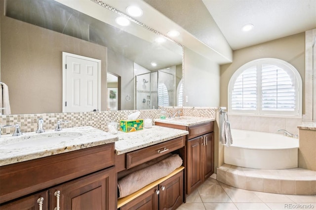 3305 White Oak Ln, Highlands Ranch, CO 80129 - full bath with vanity, a stall shower, a bath, and tile patterned flooring