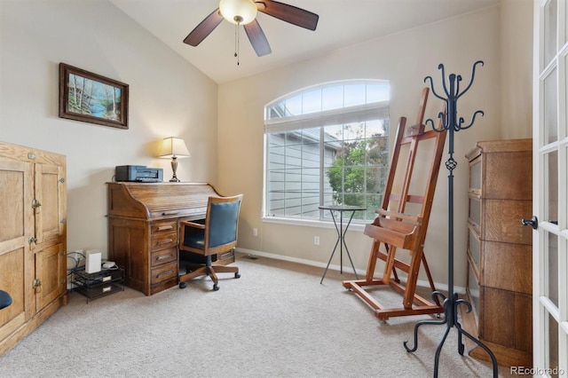 3305 White Oak Ln, Highlands Ranch, CO 80129 - home office featuring vaulted ceiling, carpet flooring, and a ceiling fan