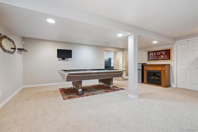 3305 White Oak Ln, Highlands Ranch, CO 80129 - game room featuring carpet, recessed lighting, billiards, and a glass covered fireplace