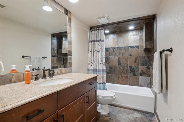 3305 White Oak Ln, Highlands Ranch, CO 80129 - bathroom featuring vanity, shower / bath combination with curtain, recessed lighting, and stone finish flooring