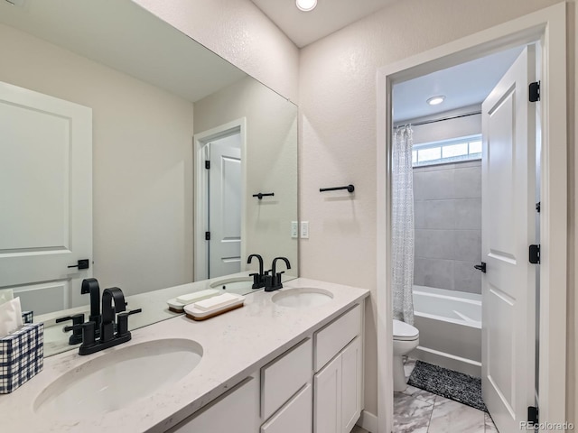 full bath featuring marble look tiles, toilet, double vanity, and shower / bath combo