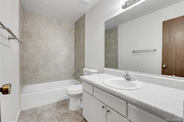 bathroom featuring toilet, shower / bathtub combination, and vanity