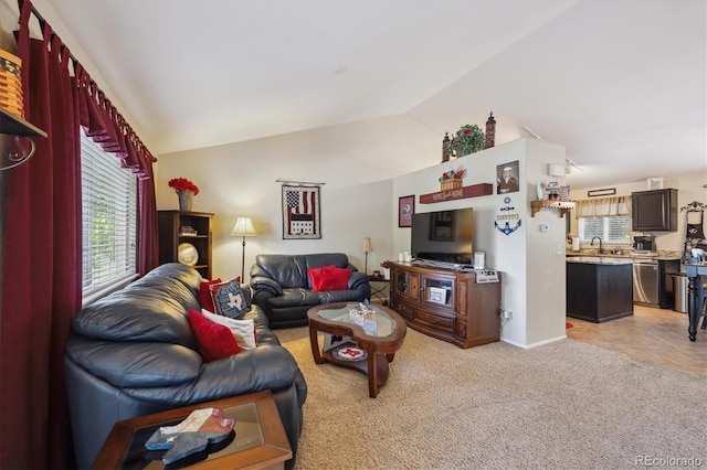23634 Broadmoor Dr, Parker, CO 80138 - living area featuring vaulted ceiling and light colored carpet