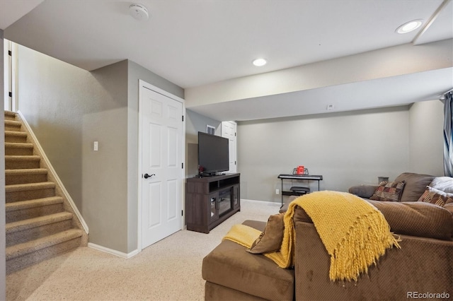 23634 Broadmoor Dr, Parker, CO 80138 - living area featuring stairs, light colored carpet, and recessed lighting