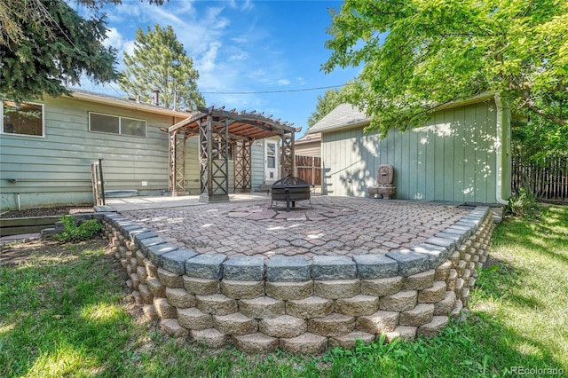 3490 Mowry Pl, Westminster, CO 80031 - view of patio with an outdoor fire pit, a pergola, an outdoor structure, and a grill