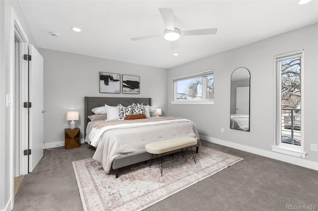 bedroom featuring baseboards, dark carpet, a ceiling fan, and recessed lighting