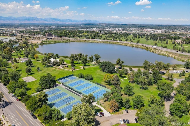 bird's eye view with a water and mountain view