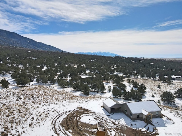 snowy aerial view featuring a mountain view