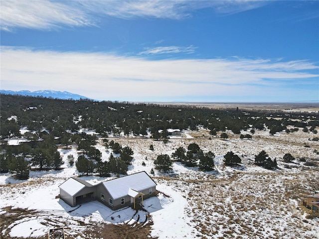 snowy aerial view with a mountain view