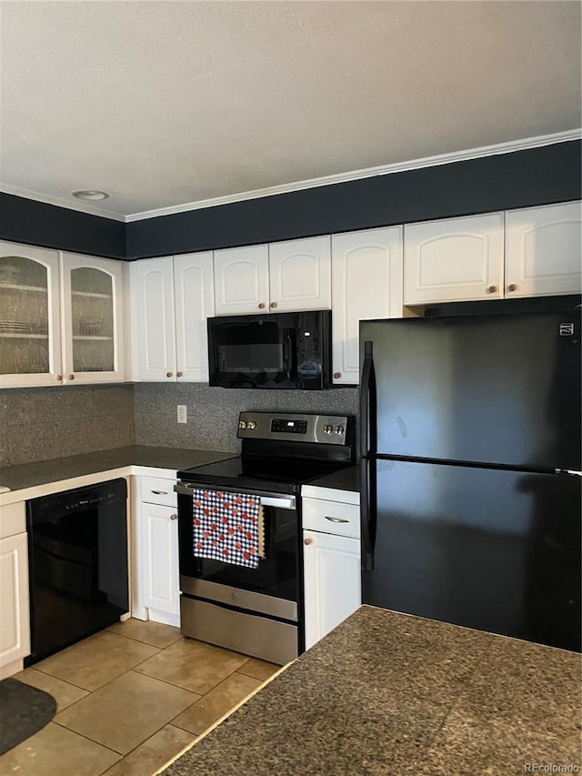 542 E Caley Dr, Centennial, CO 80121 - kitchen with black appliances, dark countertops, white cabinets, and crown molding