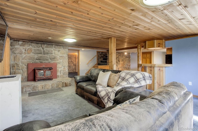 96 Carolyn Rd, Evergreen, CO 80439 - carpeted living area with stairway and wooden ceiling