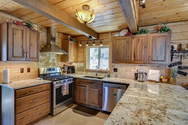 kitchen featuring beam ceiling, wooden ceiling, appliances with stainless steel finishes, wall chimney exhaust hood, and a sink