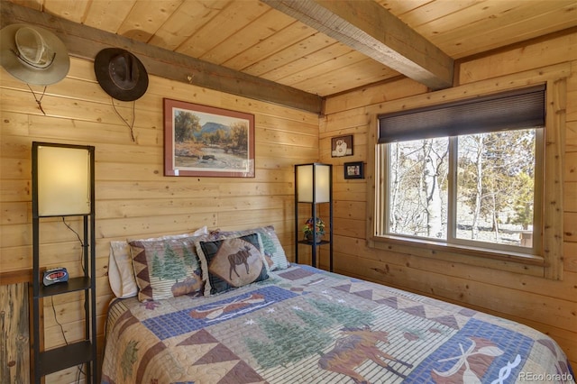 bedroom featuring beam ceiling, wooden walls, and wood ceiling