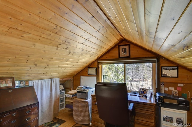 office with vaulted ceiling, light wood-style floors, wood walls, and wooden ceiling