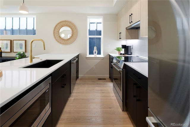 kitchen featuring pendant lighting, backsplash, sink, light hardwood / wood-style flooring, and appliances with stainless steel finishes