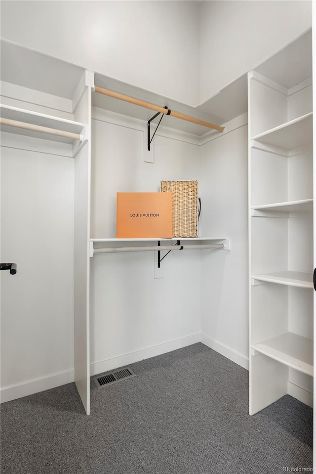 walk in closet featuring dark colored carpet