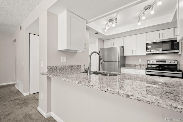 kitchen with stainless steel appliances, light stone countertops, light colored carpet, and white cabinetry