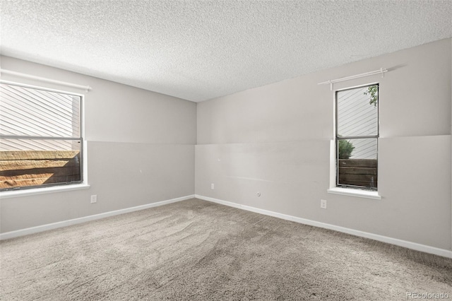 carpeted empty room with a wealth of natural light, a textured ceiling, and vaulted ceiling