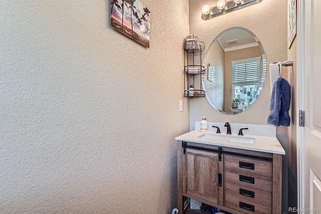 24748 E Layton Pl, Aurora, CO 80016 - bathroom with a textured wall, ornamental molding, and vanity