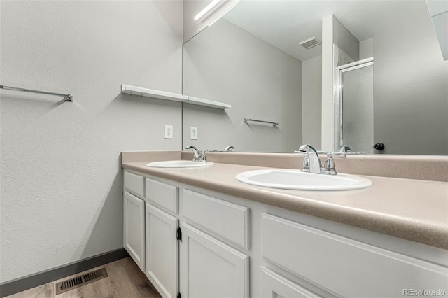 10172 Woodrose Ln, Highlands Ranch, CO 80129 - bathroom with double vanity, a shower stall, and wood finished floors