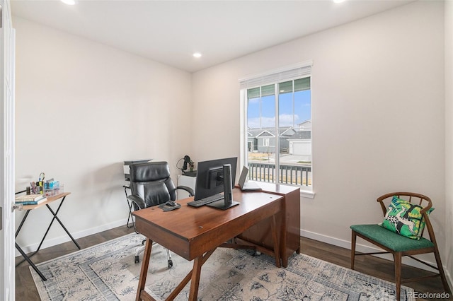 5805 Red Barn Ave, Longmont, CO 80504 - office with baseboards, wood finished floors, and recessed lighting