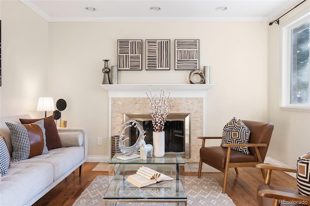 living room with ornamental molding, a wealth of natural light, hardwood / wood-style floors, and a fireplace