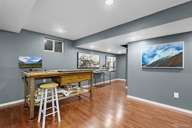 bar with baseboards, recessed lighting, and wood finished floors