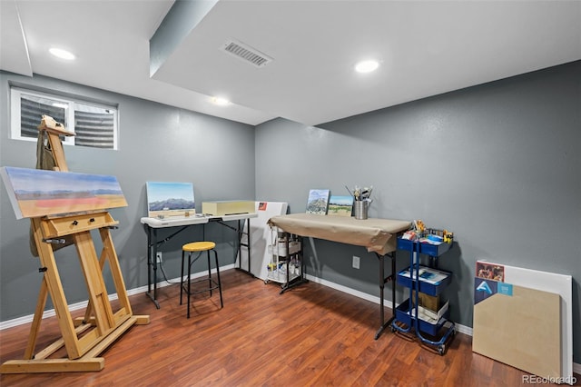 home office with baseboards, recessed lighting, visible vents, and wood finished floors