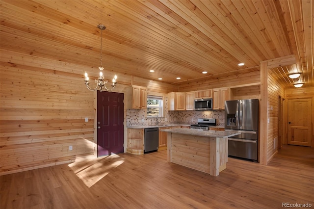 kitchen featuring light wood-style flooring, light brown cabinetry, stainless steel appliances, wood ceiling, and backsplash