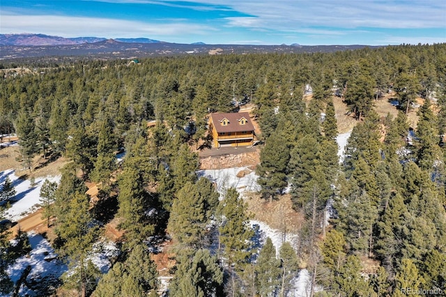 birds eye view of property featuring a view of trees and a mountain view