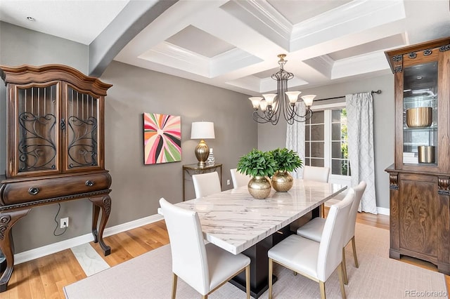 6940 Saddleback Ave, Firestone, CO 80504 - dining space with a chandelier, light wood finished floors, coffered ceiling, beam ceiling, and baseboards