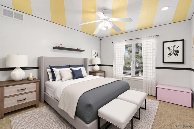 6940 Saddleback Ave, Firestone, CO 80504 - bedroom with light carpet, recessed lighting, and ceiling fan
