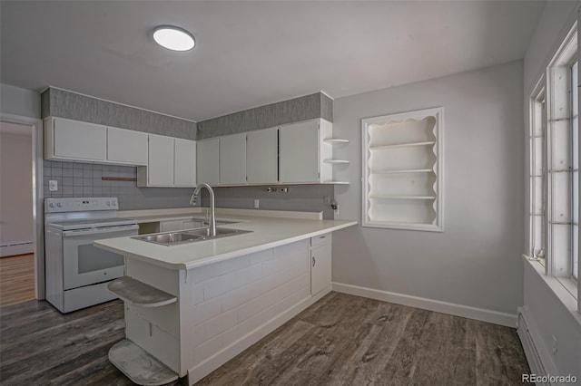 kitchen with kitchen peninsula, sink, white electric stove, and dark hardwood / wood-style floors