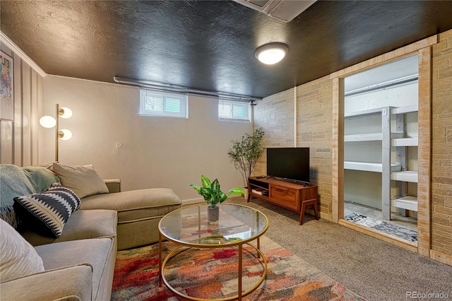 carpeted living area with a textured ceiling