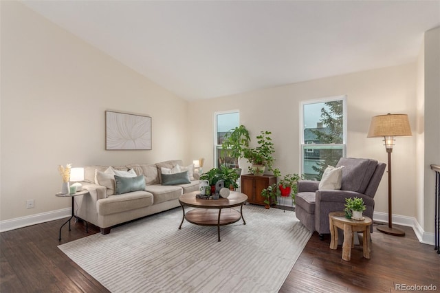 10370 Routt St, Westminster, CO 80021 - living area featuring dark wood-style floors, baseboards, and vaulted ceiling