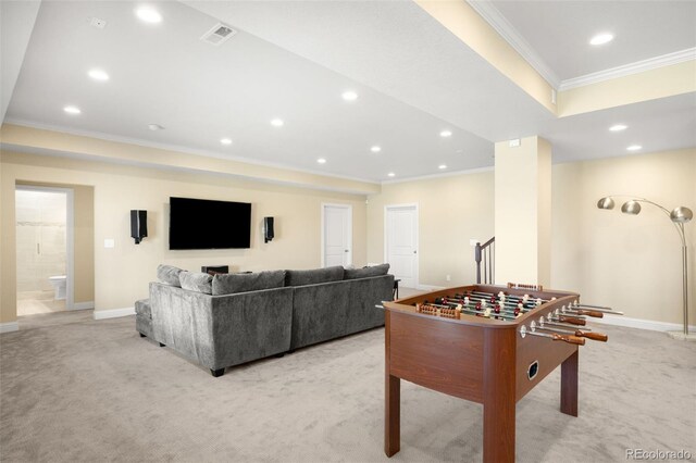 15779 W 83rd Pl, Arvada, CO 80007 - playroom featuring light carpet, ornamental molding, baseboards, and recessed lighting