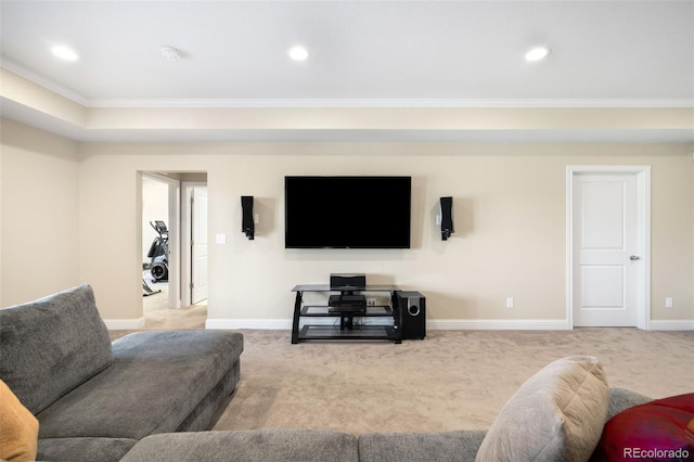 15779 W 83rd Pl, Arvada, CO 80007 - living room with carpet flooring, crown molding, baseboards, and recessed lighting