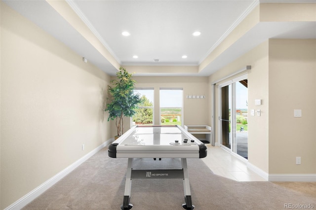 15779 W 83rd Pl, Arvada, CO 80007 - recreation room featuring carpet, ornamental molding, recessed lighting, and baseboards