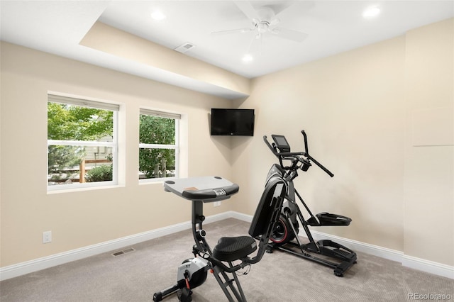 15779 W 83rd Pl, Arvada, CO 80007 - workout room featuring light carpet, baseboards, a ceiling fan, and recessed lighting