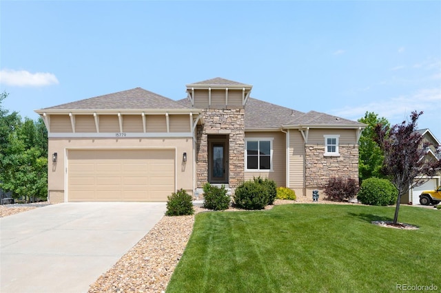 15779 W 83rd Pl, Arvada, CO 80007 - prairie-style house with stone siding, a front yard, driveway, a garage, and roof with shingles