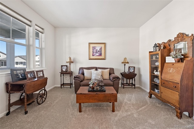 living area featuring light carpet