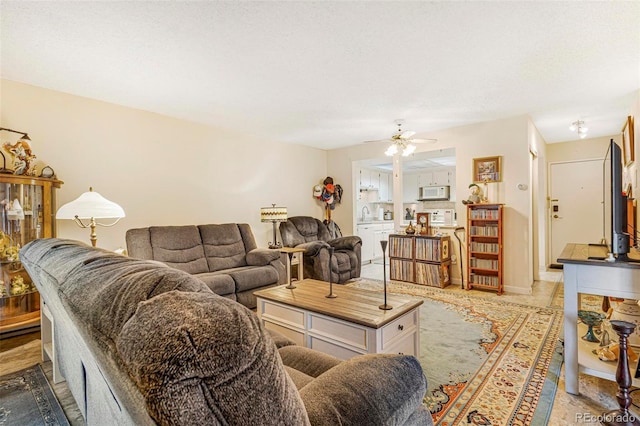 living area with ceiling fan