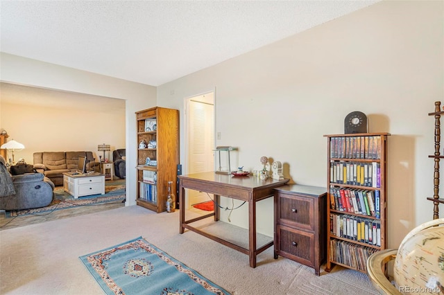 office space with a textured ceiling and carpet floors