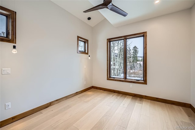 308 Creekside Aly Unit 5, Frisco, CO 80443 - unfurnished room with a ceiling fan, light wood-style flooring, vaulted ceiling, and recessed lighting