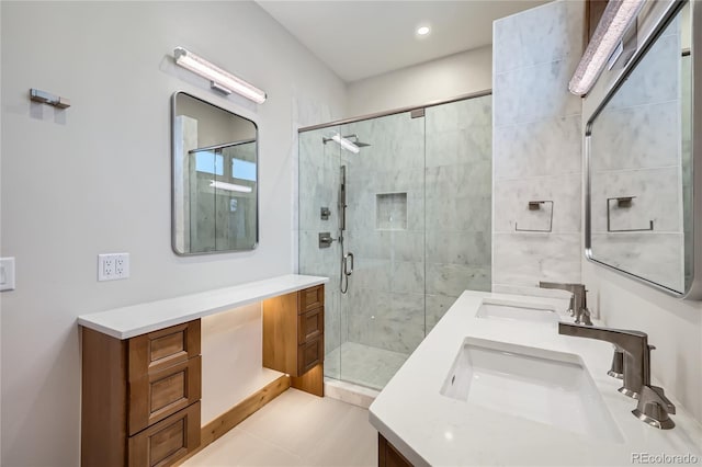 308 Creekside Aly Unit 5, Frisco, CO 80443 - full bathroom featuring double vanity, a stall shower, tile patterned floors, and recessed lighting